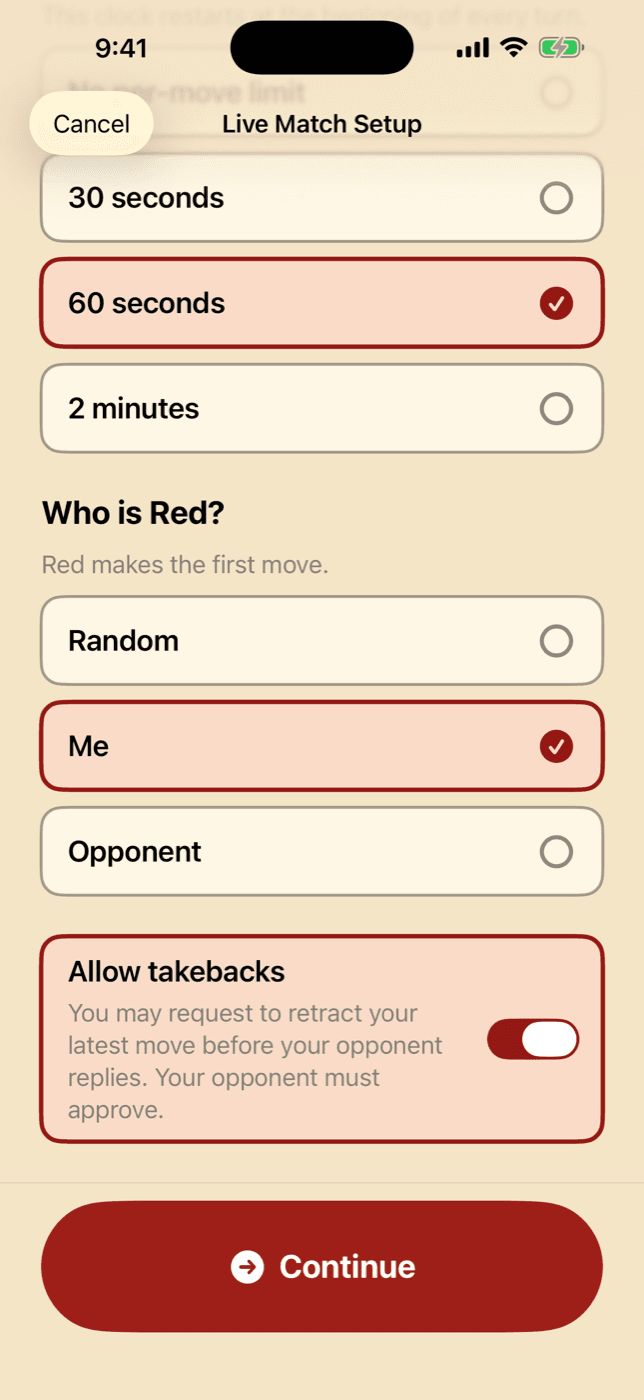Live match setup with time and takeback controls